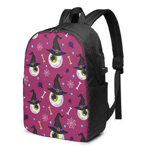 Halloween Eyeball Student School Bag USB Charge Laptop Back Pack