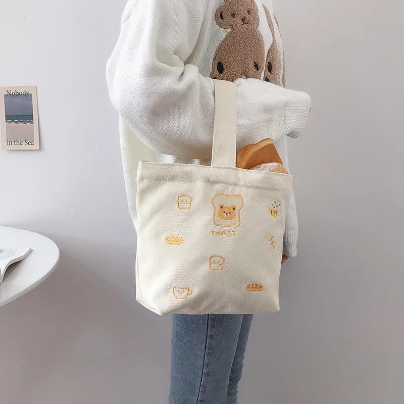 Portable Women Canvas Lunch Bag Lovely Bear Ladies Small Daily Clutch Purse Hand