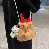 Winter Plush Shoulder Bag Ins Christmas Elk Horn Bucket Bag
