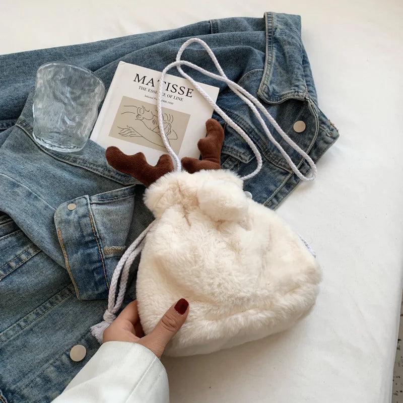 Winter Plush Shoulder Bag Ins Christmas Elk Horn Bucket Bag
