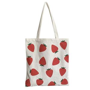 Canvas Tote Shopper Bag Eco Strawberry Print Shoulder Foldable Handbag