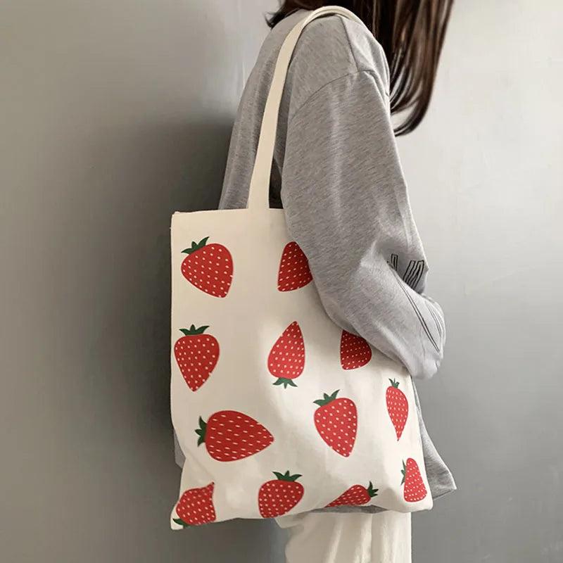 Canvas Tote Shopper Bag Eco Strawberry Print Shoulder Foldable Handbag