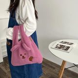 Embroidery Lambs Wool Handbag Plush Shopper Women Tote Bag Winter Bear