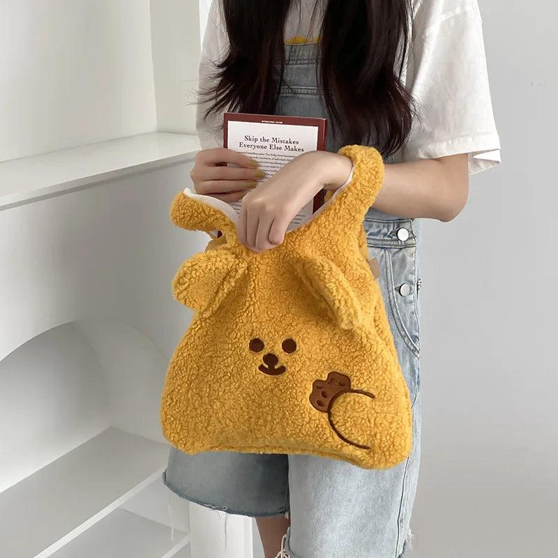 Embroidery Lambs Wool Handbag Plush Shopper Women Tote Bag Winter Bear