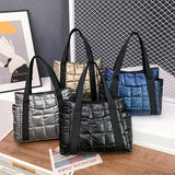 Winter Textured Padded Duffel Women Bag Nylon Big Totes Plaid Shoulder Bags