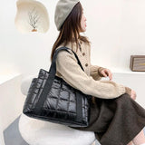 Winter Textured Padded Duffel Women Bag Nylon Big Totes Plaid Shoulder Bags