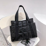 Winter Textured Padded Duffel Women Bag Nylon Big Totes Plaid Shoulder Bags