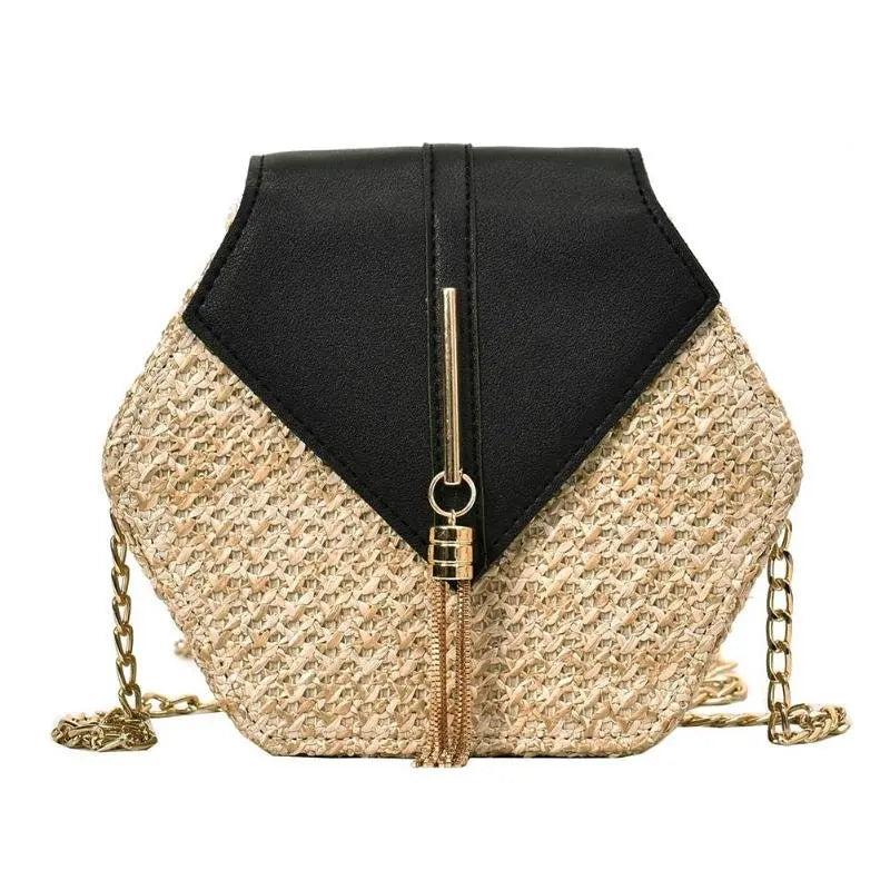 Hex Straw+PU Shoulder Handbags Women Top-handle Summer Beach Boho Bag