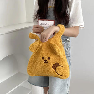 Soft Shopper Lamb Wool Bear Fabric Shoulder Bag Canvas Handbag