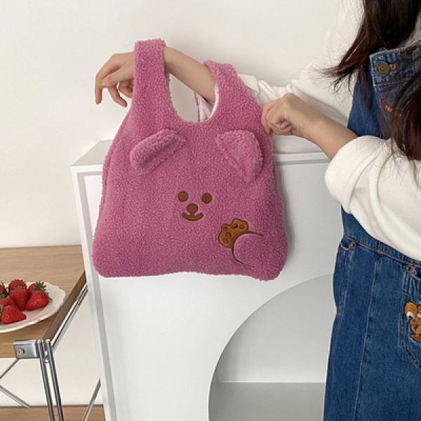 Soft Shopper Lamb Wool Bear Fabric Shoulder Bag Canvas Handbag