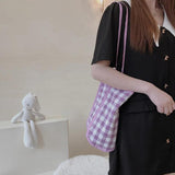 Women Red Plaid Canvas Shoulder Bag Large Tote for Girls