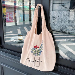 Women Corduroy Shoulder Bag Large Capacity Cloth Travel Grocery Handbag