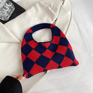 Vintage Plaid Knitted Small Tote Bag for Women