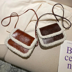 Women's Lambhair Crossbody Bag PU Leather Shoulder Saddle HandBag