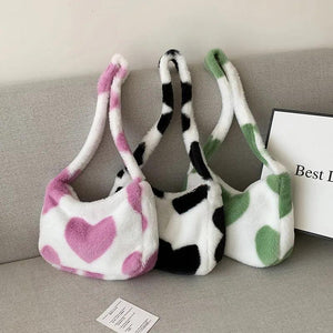 Faux Fur Plush Shoulder Bag Retro Heart Printed Underarm Clutch