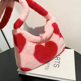 Faux Fur Plush Shoulder Bag Retro Heart Printed Underarm Clutch