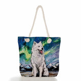 Starry Sky Oil Painting Dog Handbag Bright Colors Linen Tote Bag