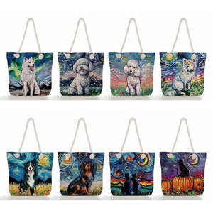 Starry Sky Oil Painting Dog Handbag Bright Colors Linen Tote Bag