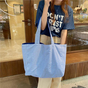 Canvas Checkered Shoulder Bag Large Capacity Travel Tote Bag