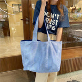 Canvas Checkered Shoulder Bag Large Capacity Travel Tote Bag