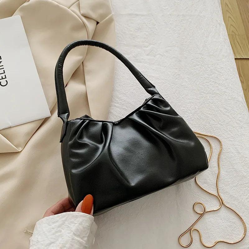 Retro Casual Pleated Clutch Shoulder Bag Chain Handbag for Women