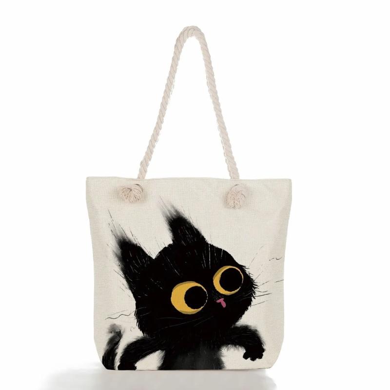Cat Printed Thick Rope Tote Bag - High Capacity Shoulder Bag