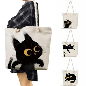 Cat Printed Thick Rope Tote Bag - High Capacity Shoulder Bag