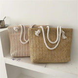 Women Rattan Shoulder Bag Drawstring Woven Handbag Large Capacity