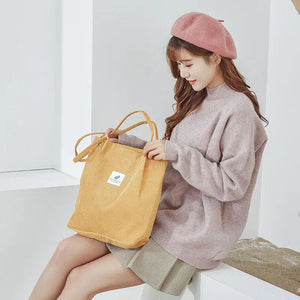 Corduroy Shopping Tote Bag Canvas Shoulder Handbag Eco Friendly Foldable Grocery