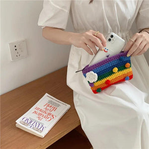 Rainbow Cotton Heart Knitted Bags Women's Casual Lady Wallet Handbag