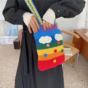 Rainbow Cotton Heart Knitted Bags Women's Casual Lady Wallet Handbag