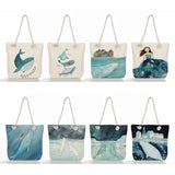 Girl Whale Sea Series Printed Handbags Linen Women Totes Shoulder Bag