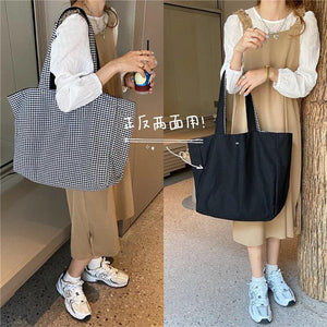 Plaid Women Canvas Handbags Double-sided Ladies Large Shoulder Bag