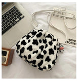 Soft Plush Women Messenger Bag Cow Pattern Furry Purse Handbag