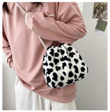 Soft Plush Women Messenger Bag Cow Pattern Furry Purse Handbag