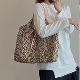 Leopard Pattern Canvas Handbag Women Shoulder Bag Travel Tote
