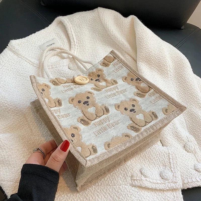 Women Bear Pattern Shoulder Bag Flax Female Student Handbag Casual Tote Bags