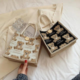 Women Bear Pattern Shoulder Bag Flax Female Student Handbag Casual Tote Bags