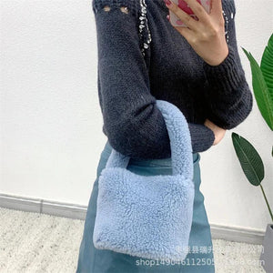 Winter Furry Women Bag Vegetable Basket Handbag Plush Magnetic Cylinder Bag
