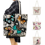 Floral Butterfly Print Handbag Linen Women Tote Bag High Capacity Shoulder Bag