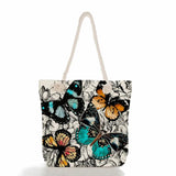 Linen Women Tote Bag Floral Butterfly Print Summer Travel Beach Bags