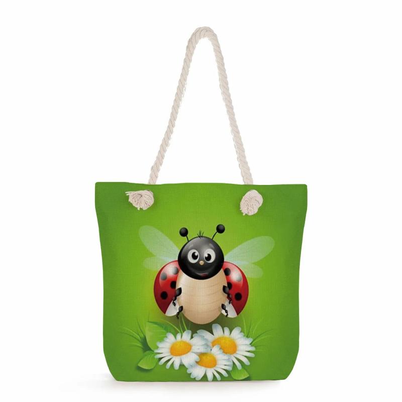 Bee Ladybug Handbags Summer Travel Beach Bag High Capacity Thick Rope Shoulder B