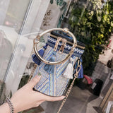 Wild Grass Woven Shoulder Bag with Chain Strap and Tassel