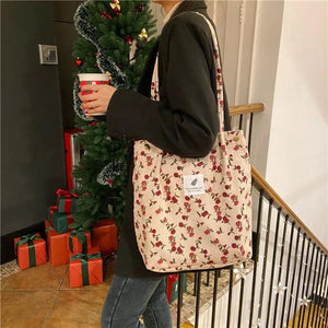 Women Corduroy Shoulder Bag Soft Reusable Shopping Bag Ladies Large Capacity