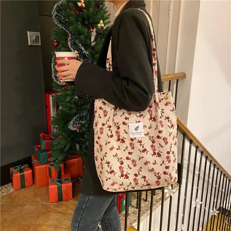 Women Corduroy Shoulder Bag Soft Reusable Shopping Bag Ladies Large Capacity