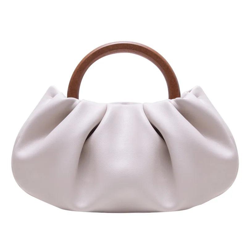 Women Bag PU Bucket Wood Handle Chains Solid Hasp Shoulder Bags Handbags Purse