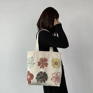 Flower Canvas Shopping Bag Large Capacity Shoulder Tote Handbag