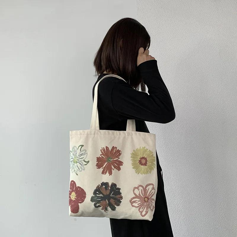 Flower Canvas Shopping Bag Large Capacity Shoulder Tote Handbag