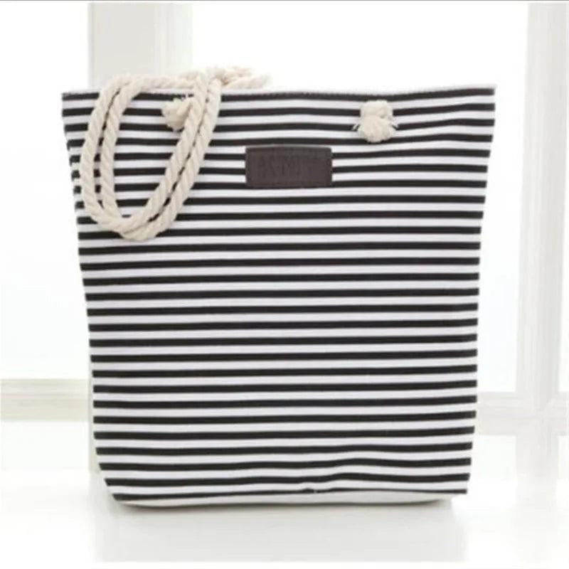 Striped Canvas Beach Tote Bag High Women Girls Shoulder Handbag
