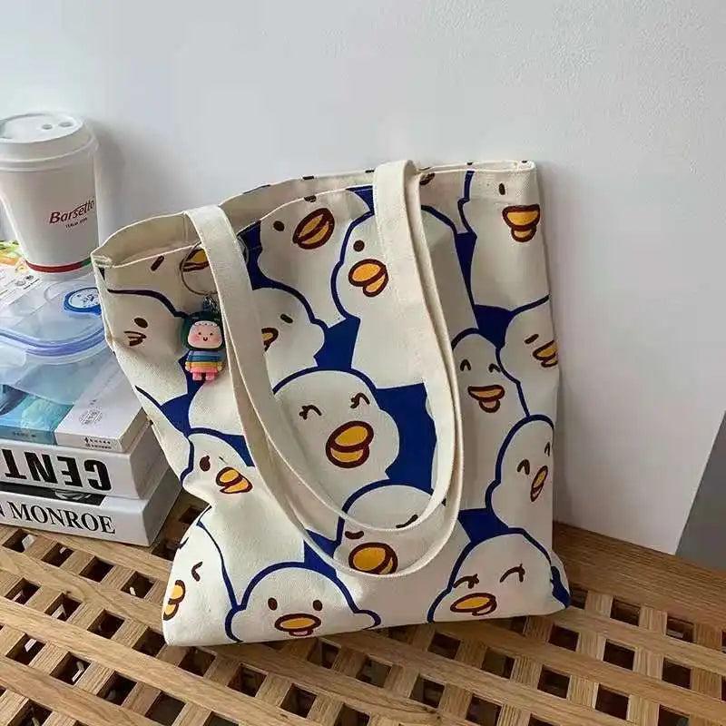 Canvas Duck Tote Bag with Zipper Japanese Style Cartoon Small Shoulder Bag